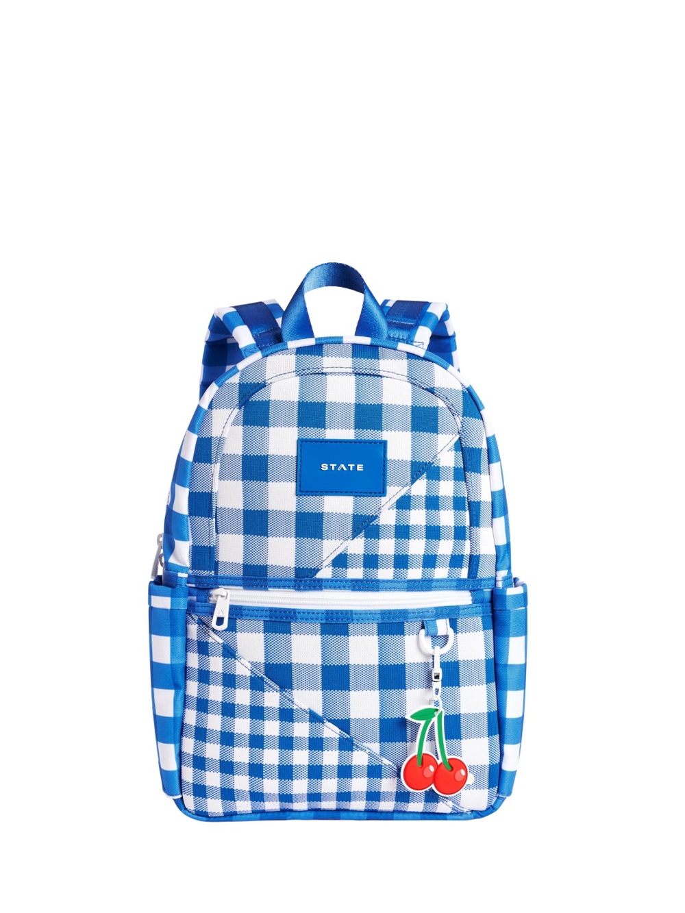 STATE Blue and White Gingham Kids Backpack with Cherry Charm